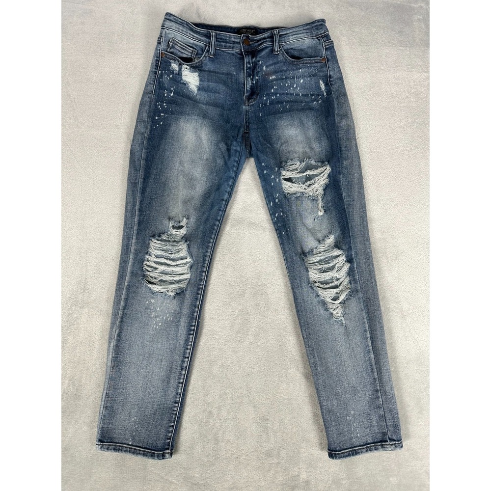 Judy Blue Boyfriend Fit Jeans‎ Mid Rise Distressed Denim Medium Wash Size 11/30
